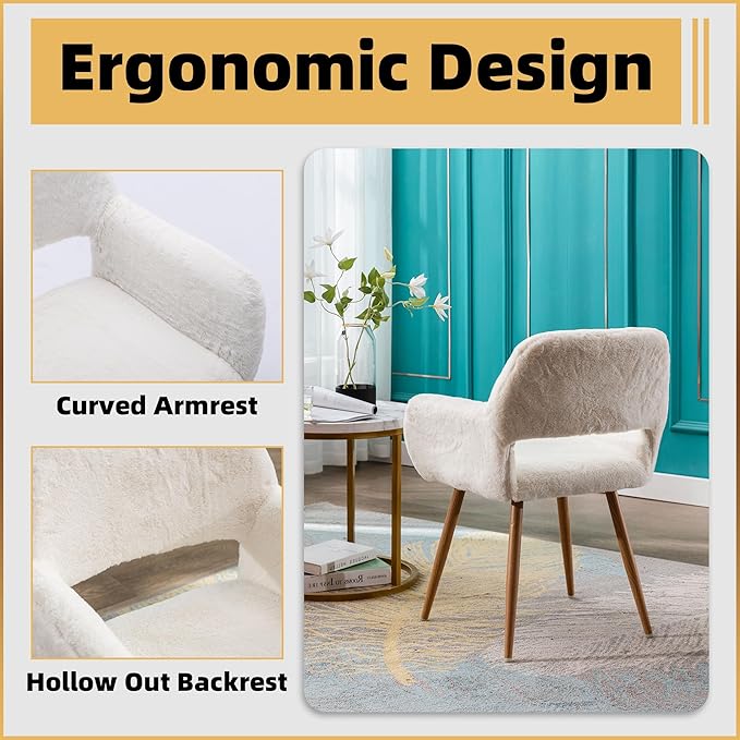 Furry Desk Chair Set of 4, Modern Home Office Chair Without Wheels, Faux Fur Vanity Chair with Hollow Backrest, Comfy Armchair Wood Frame with Strudy Metal Legs, White