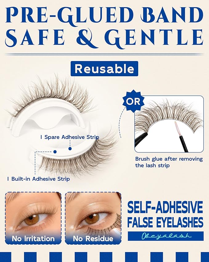 Obeyalash Waterproof Brown Self Adhesive Eyelashes,Cateye 12mm,5 Pairs Stick on False Eyelashes,Pre Glued Lashes, No Glue Needed,Wispy Glueless Lashes Reusable Self Adhesive False Eyelashes(Brown 871)