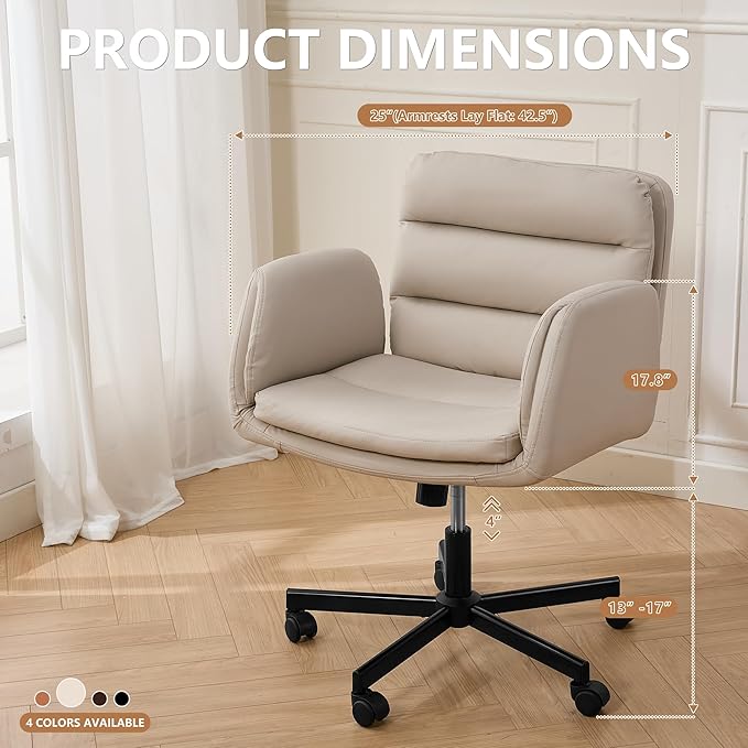 Criss Cross Chair with Flip-Up Arms & Swivel Wheels, Vanity Chair with Adjustable Height & Side Pockets, Comfortable Wide Seat Reclining Computer Office Desk Chairs for Home Office, Make Up, Bed Room
