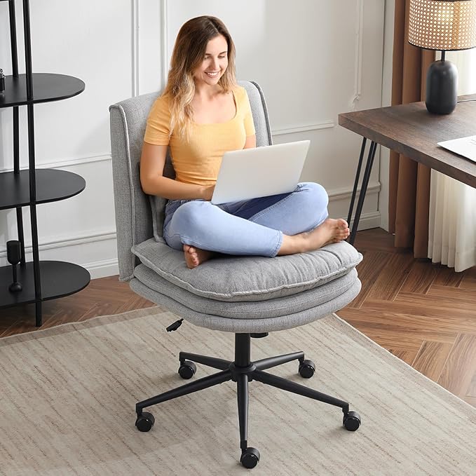 VINGLI Cloud Criss Cross Legged Chair,18" High Back Armless Home Office Desk Chair with Wheels,Wide Adjustable Comfy Padded Seat Task Computer Chair,Modern Swivel Makeup Vanity Chair,Fabric,Grey