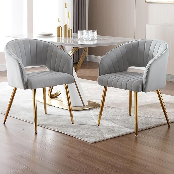 Westice Velvet Home Office Desk Chair Set of 1, Modern Tufted Vanity Chairs with Gold Metal Legs, Upholstered Accent Armchair for Living Room Restaurant, Light Grey