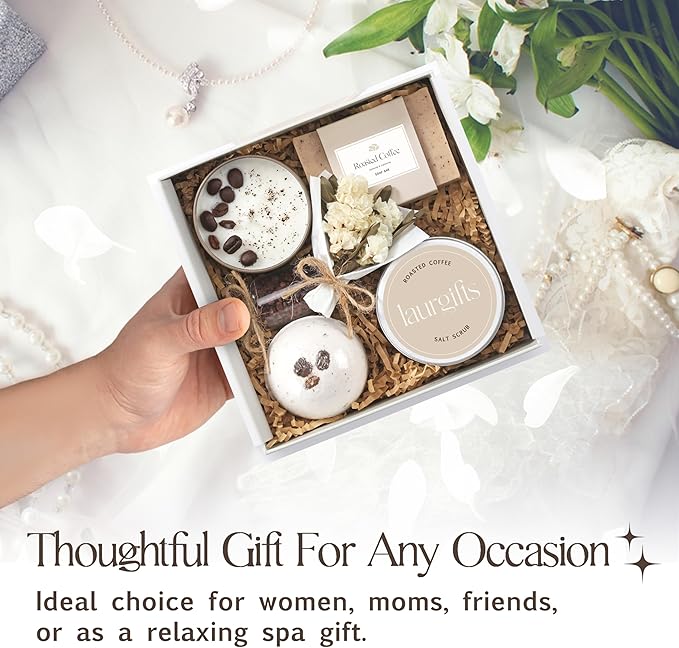 Spa Gift Basket for Women – Small Coffee Scented Candle Set with Bath Bomb & Salt Scrub | Handmade Spa Box Present, Birthday & Housewarming Gift for Her