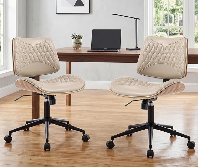Walnut Bentwood Mid Back Armless Office Chair 2 Pack, Adjustable Height PU Leather Swivel Desk Chair with Wheels, Rolling Computer Task Chair for Home Office, Study, Meeting Room