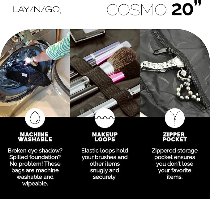 Lay-n-Go Cosmo Layflat Drawstring Cosmetic & Makeup Bag Organizer w/Zipper Pocket, Brush Loops & More, Cinch to Close, Lay Flat to Use, Durable, Machine Wash, Travel Toiletry Bag (20", Navy/Green)