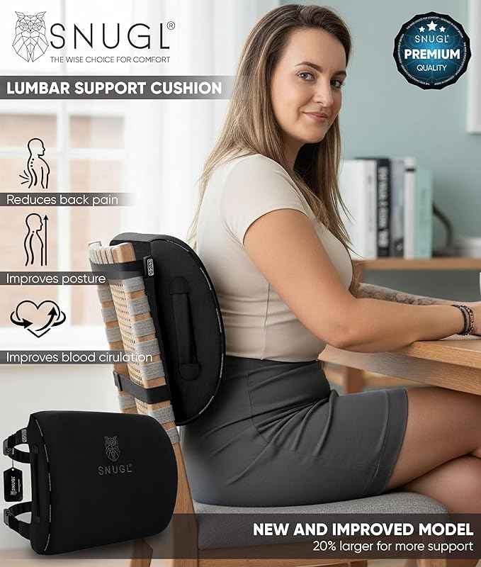 SNUGL Lower Back Support Cushion for Chair and Car Seat | Memory Foam Back Lumbar Support Cushion with Dual Straps | Ergonomic Office Chair with Non-Slip Back Layer | Black