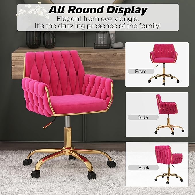 Woven 360°Swivel Desk Chair, Velvet Height Adjustable Home Office Armchair with Golden Base for Teens Women Girls, Upholstery Computer Chair for Home Studios and Office, Woven & Hot Pink