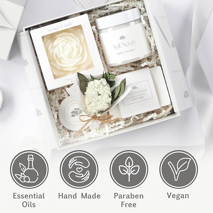 Spa Gift Box for Women – Sweet Coconut Candle Set, Ready to Gift Bath & Body Birthday Basket for Women, Small Handmade Vegan Luxury Self Care Box