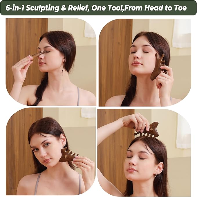 Wooden Gua Sha Tool Set – Facial & Scalp Manual Guasha Massage Tool for Tension Relief, Lymphatic Drainage Scraping Board with Portable Mini Wooden Comb, Self Care Gift-Ready Box
