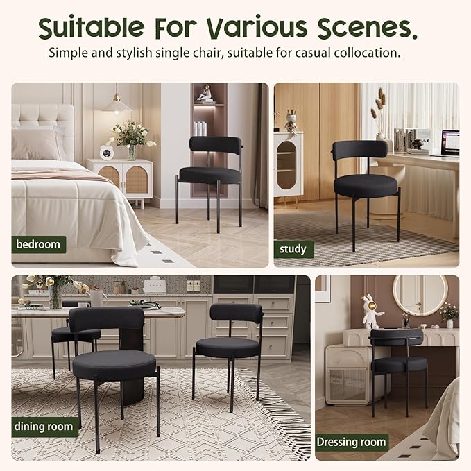 Boucle Dining Chairs Set of 2 Teddy Upholstered Dining Room Chairs Kitchen Chairs with Metal Legs Mid Century Modern Chair for Dining Room, Kitchen (Black Frame+Black, 2)