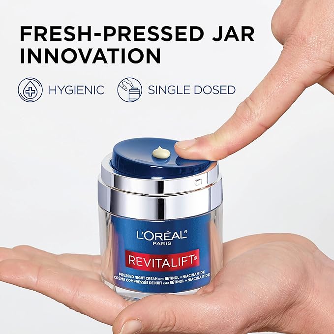 L'Oreal Paris Revitalift Pressed Night Cream,Retinol + Niacinamide,Reduces Wrinkles,Fragrance Free,1.7 oz + Serum Sample,(Pack of 2)