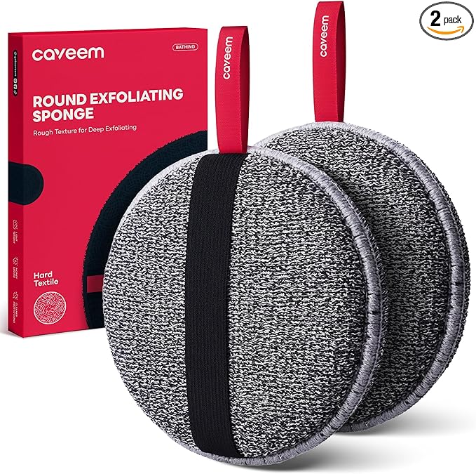 Exfoliating Body Scrubber, Extra Rough Shower Exfoliator Sponge, Body Exfoliating Sponges for Remove Dead Skin, Bath and Body Exfoliate Buffer, Round Sponge for Women (2 Pack)