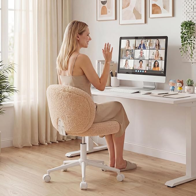 Small Round Vanity Chair with Back, Armless Home Office Desk Chairs, Height Adjustable & 360° Swivel, Cute Comfy Vanity Computer Chair for Bedroom, Home Office, Yellow