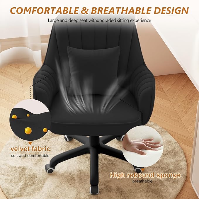 Home Office Chair Velvet Vanity Chairs Makeup Desk Chair with Wheels Mid Back Computer Chairs Height Adjustable Swivel Rolling Task Chair for Living Room, Bedroom, Office