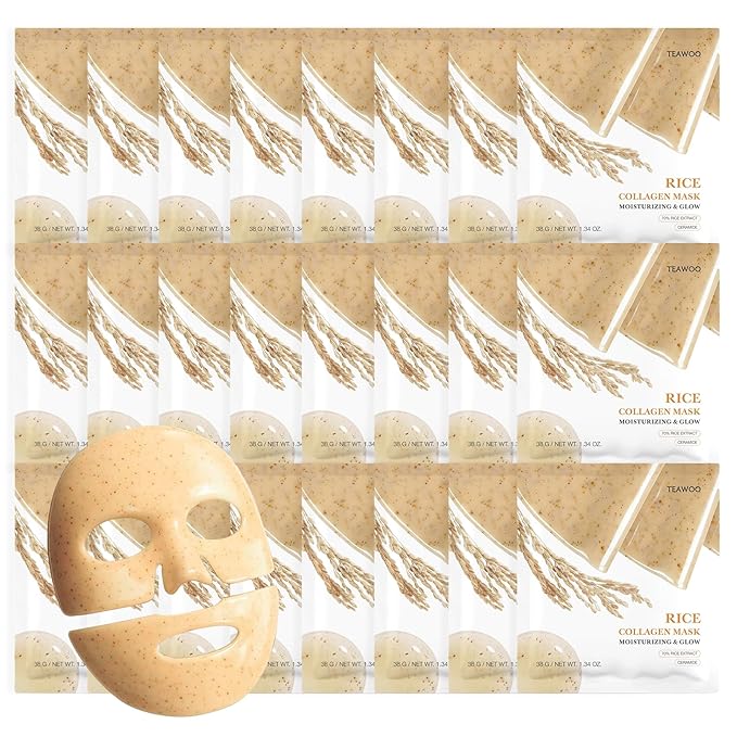 Rice Deep Collagen Face Mask, 38g x 24 EA, Moisturizing and Hydrating Overnight Facial Mask, Contains Ceramide & Collagen for Glass Glow Skin, Korean Skincare