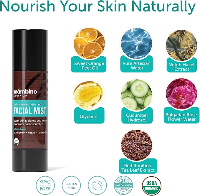 Mambino Organics Hydrating Facial Mist & Toner, Organic Rose Water Face Mist with Cucumber, Vegan Facial Spray for Sensitive Skin, Cruelty-Free Skincare, 4 fl oz, 2 Pack