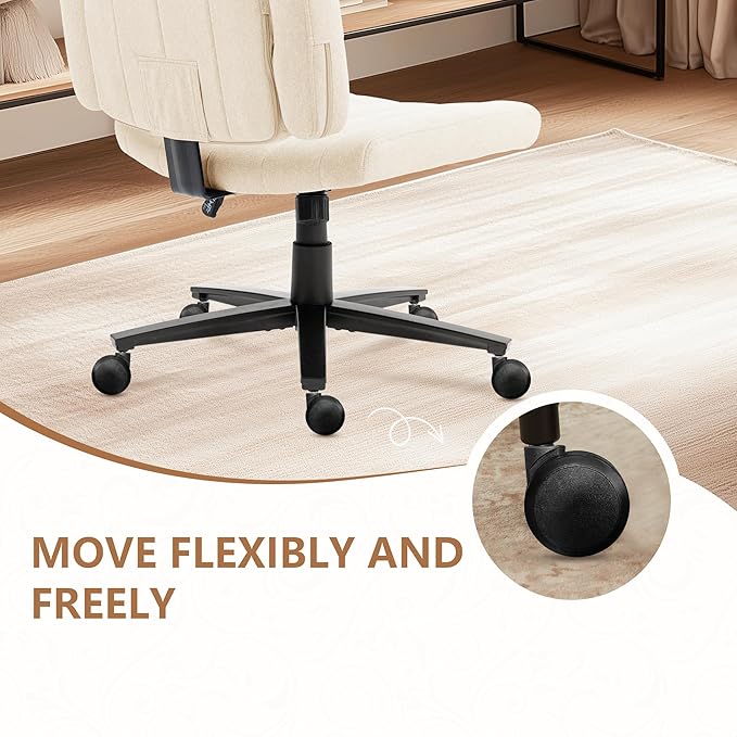 White Criss Cross Office Chair with Wheels, Ergonomic Wide Seat Vanity & Dressing Table Chair, Adjustable Arms Swivel Rolling Desk Chair for Women, Comfortable Cross-Legged Support