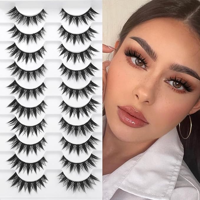 Manga Cosplay Lashes Manhua Anime Eyelashes Natural Look Thick Cat Eye Lashes Look Like Individual False Lashes Pack, 10 Pairs