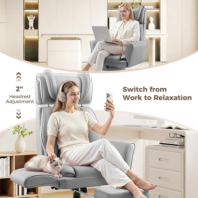 Big and Tall Office Chair, Flip Armrests for Pets & Cross Legged Sitting, Ergonomic Leather Executive Desk Chair with Foot Rest, High-Back Reclining Computer Chairs for Office Home Game - Grey