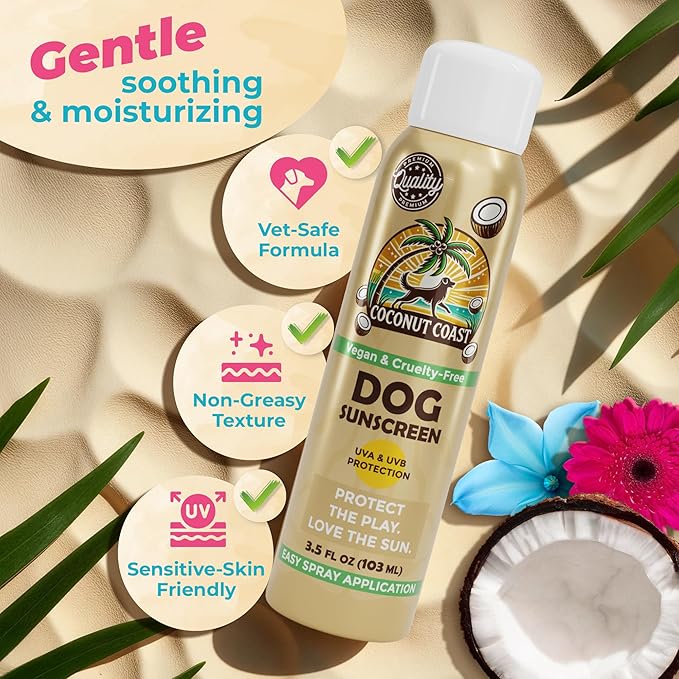 Coconut Coast Dog Sunscreen-SPF 30+ With Skin Moisturizing Vitamin E and Aloe Vera- No Zinc Oxide Safe for All Dogs- Dog Beach Accessories, Dog Camping Gear, Sunscreen for White Dogs