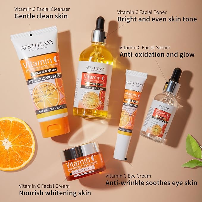Vitamin C Skin Care Set Moisturizing Hyaluronic Acid Skin Care Kit,Face Cream,Face Serum,Eye Cream, Toner For Hydrating Skin, Anti-Aging Skin,5PCS For Women Beauty Set Gift Set