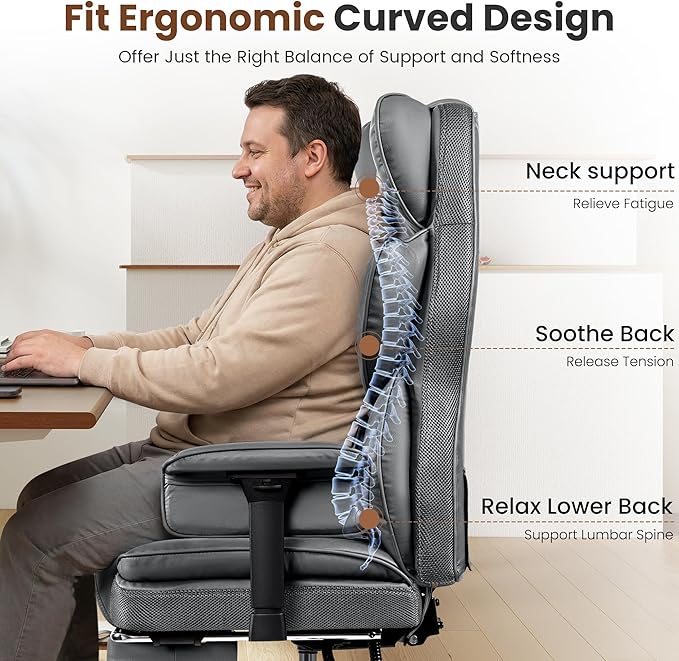 Big and Tall Office Chair - High Back Executive Chair with Footrest & Lumbar Support for Heavy People, Adjustable Arms, Padded Wide Seat Computer Gaming Chair, Heavy Duty, Gray