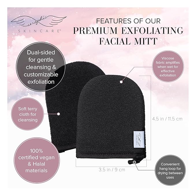 Seraphic Skincare Premium Exfoliating Facial Mitt (2pc) – Dual-Sided Face Scrubber Exfoliator & Dead Skin Remover, Makeup Remover for Gentle Cleansing & Exfoliation – Korean Face Exfoliating Glove