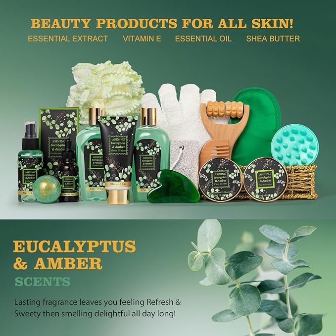 19-Piece Mothers Day Gifts Basket for Women, Premium Eucalyptus Amber Bath Gift Set for Men- Spa Kit, Face Skin Care Kit, Birthday, Valentines, Fathers Day, Christmas, Perfect for Holidays Self Care