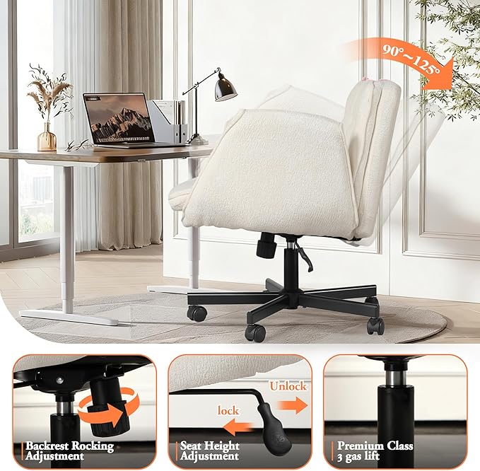 Criss Cross Chair with Wheels & Arms, Chenille Cross Legged Office Chair with 5-level Folding Armrest, Comfortable Adjustable Swivel Vanity Chair for Home, Make Up, Bed Room, Office, Accent (White)