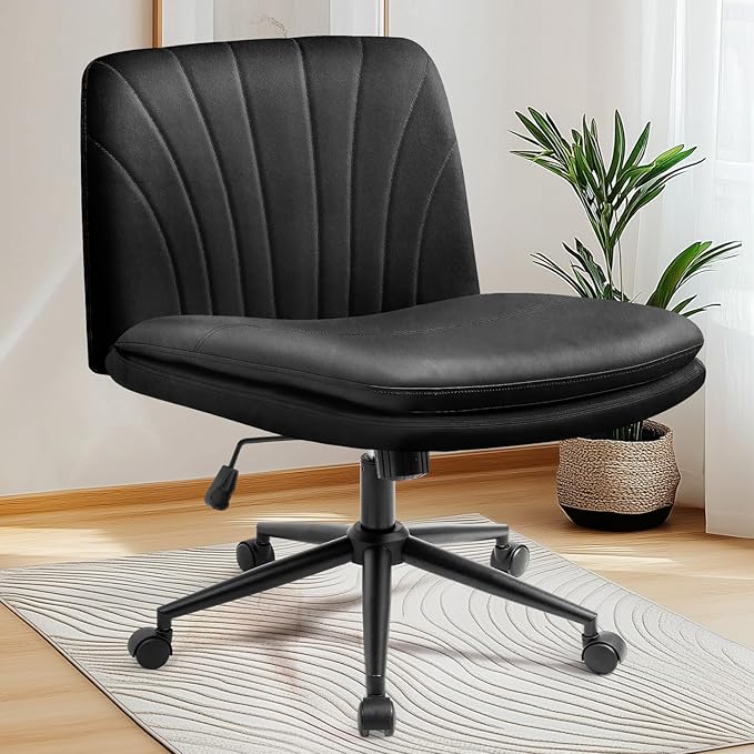 NEO Chair Criss Cross Chair with Wheels Armless Cross Legged Office Desk Wide Comfy Vanity Makeup Chair Adjustable Swivel Rolling Computer for Home Office PU Leather (Black)