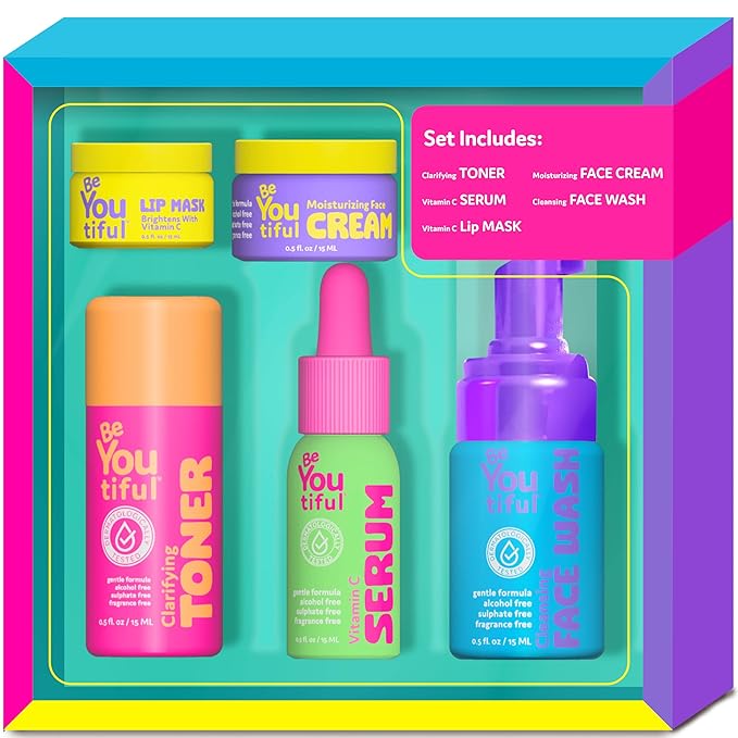 BeYoutiful Skin Care Gift Set, Easter Gifts for Kids, BFF Regimen 5-Piece Kit for Sleepovers & Kids Skincare, Toner, Face Wash, Serum, Moisturizer & Lip Mask, Little Girl Easter Basket Stuffers