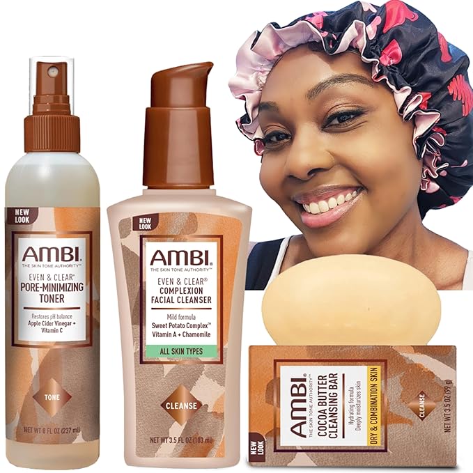 Facial Gift Set with Ambi Dry and Combination Skin Products, Includes Cocoa Butter Cleansing Bar, Pore Minimizing Toner, Complexion Facial Cleanser and Satin Bonnet