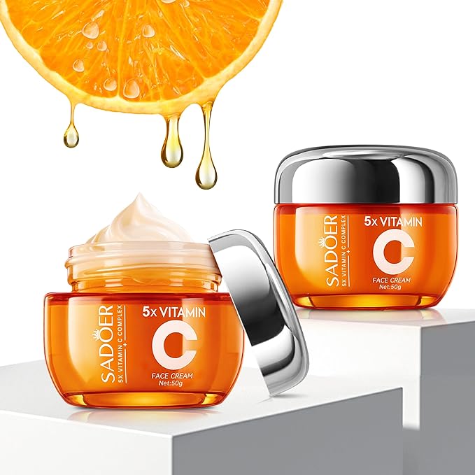 SADOER Vitamin C Face Cream 2 Pack, 5X Vitamin C with Hyaluronic Acid & Niacinamide, Daily Moisturizer to Boost Radiance, Hydrate & Even Skin Tone, For All Skin Types, 50g Each