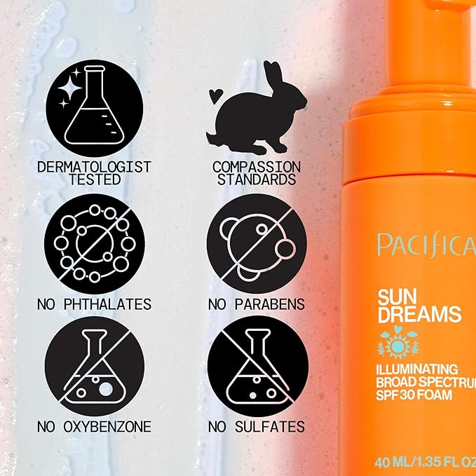 Pacifica Facial Sunscreen - Sun Dreams Illuminating SPF 30 Foam Broad Spectrum Every Day Face Lotion UVA/UVB Protection (Pack of 2)