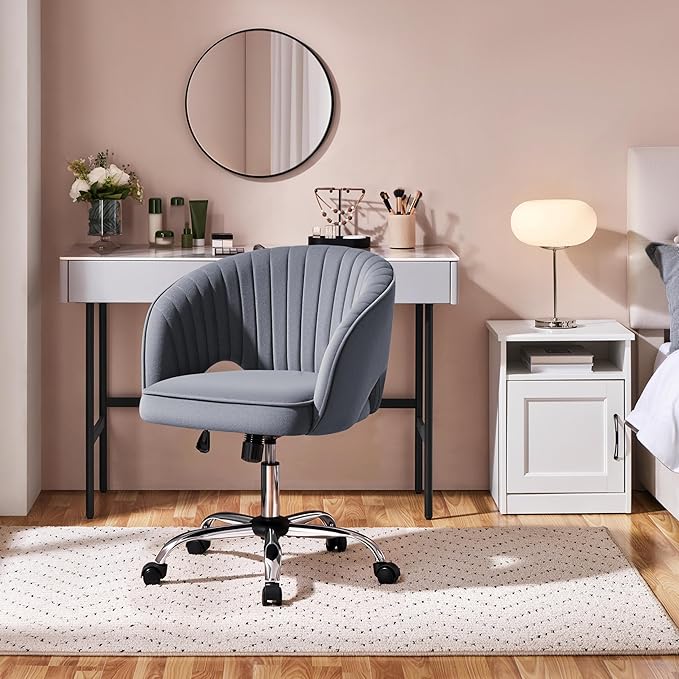 Yaheetech Home Office Chair Velvet Desk Chair, Upholstered Modern Swivel Chair with Tufted Barrel Back, Rolling Wheels for Office, Study, Vanity, Bedroom Dark Gray