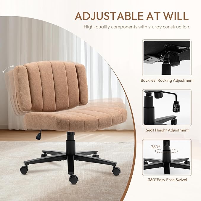 Criss Cross Chair with Wheels – Comfortable Vanity Chair, Wide Rolling Legged Office Chairs Arms, Adjustable Desk Comfy for Home Office, Swivel Task (Brown)