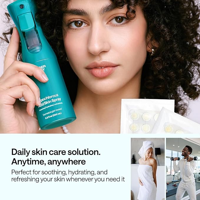 Hypochlorous Acid Spray for Face and Skin - Body & Facial Toner for Acne - Eyelid Cleanser - Moisturizing Face Spray Mist Hydrating - 6.8 Fl Oz - 12 Blemish Patches