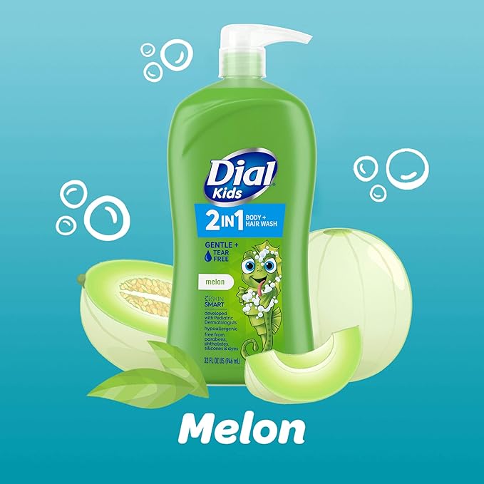 Dial Kids All-in-1 Body Wash + Hair + Bubble Bath, Melon Scent, 32 Fl Oz, Hypoallergenic Body Wash & Shampoo, No Tears Formula for Kids 2+ Years, No Parabens & Silicones (Pack of 2)