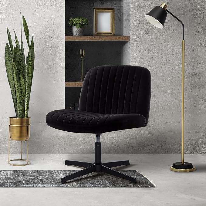IWMH Criss Cross Chair, Cross Legged Office Chairs no Wheels, Armless Wide Seat Desk Chair with Adjustable Height for Home, Vanity, Bedroom (Black)