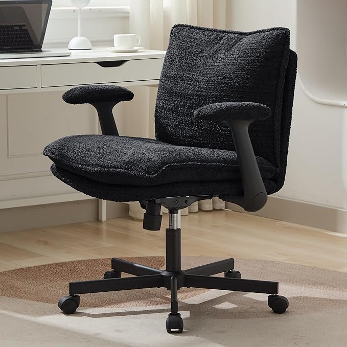 Criss Cross Legged Office Chair with Wheels and Flip-Up Arms, Upholstered Criss Cross Desk Chair, Wide Seat Chairs for Home Office, Vanity, Apartment, Black
