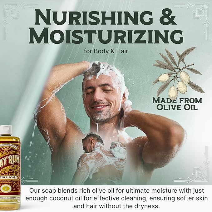 Carolina Castile Soap Bay Rum Scent – Certified Organic Base, High Olive Oil Content, Non-Drying, Made with Organic Oils, Concentrated Natural Body Wash for Men and Women (Bay Rum, 1 Gallon)