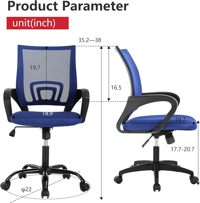 BestOffice | Ergonomic Office Chair | Mid-Back Swivel Desk Chair | Breathable Backrest & Lumbar Support | Adjustable Height | Sponge Seat | Rolling Wheels | Dark Blue | for Adults & Women