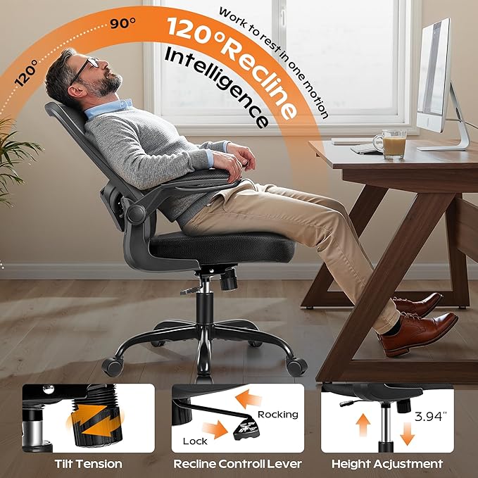 Ergonomic Office Chair 2026 - Mesh Desk Chair with Flip-up Armrests, Adjustable Height and Lumbar, 360° Swivel Comfortable Computer Chairs for Home, Conference Room, Reception, 350lbs, 5 Pack
