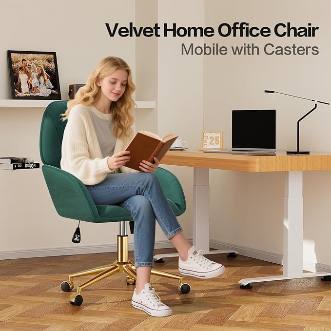 Home Office Desk Chair Comfy with Adjustable Swivel Wheels, Modern Velvet Makeup Vanity Chair with Back & Pillow, Ergonomic Office Chair Computer Task Chair for Living Room, Bedroom, Green