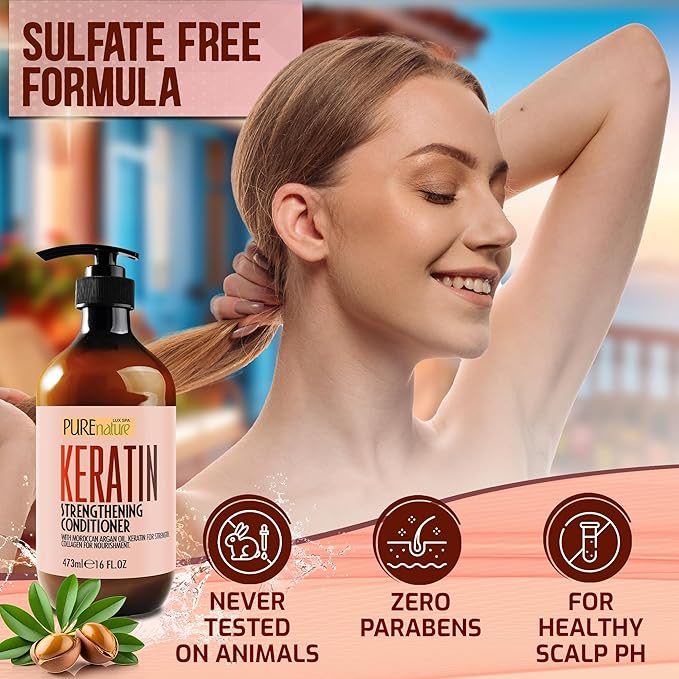 PURE NATURE LUX SPA Keratin Conditioner for Women and Men - Deep Conditioning Treatment to Repair Dry, Damaged Hair and Split Ends - Strengthening Sulfate Free Formula - 16 Fl Oz
