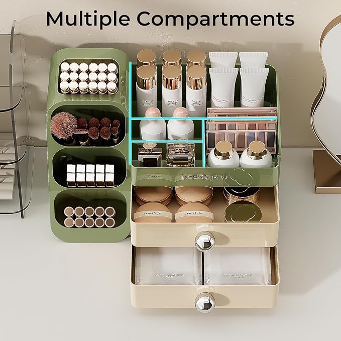 Makeup Organizer for Vanity with Brush Holder, Countertop Skincare Organizer with 2 Drawers, Spacious Cosmetic Display Case for Perfumes, Eyeshadow Palettes, Nail Polishes