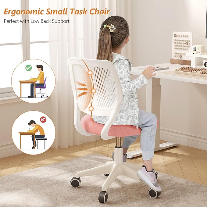 Armless Desk Chair, Height Adjustable Swivel Office Rolling Task Chairs with Soft Mesh Padded Cushion, Ergonomic Small Study Computer Chair for Girls Boys Teens (Pink, 2PCS)