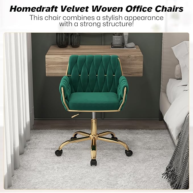 Woven 360°Swivel Desk Chair, Velvet Height Adjustable Home Office Armchair with Golden Base for Teens Women Girls, Upholstery Computer Chair for Home Studios and Office, Woven & Dark Green