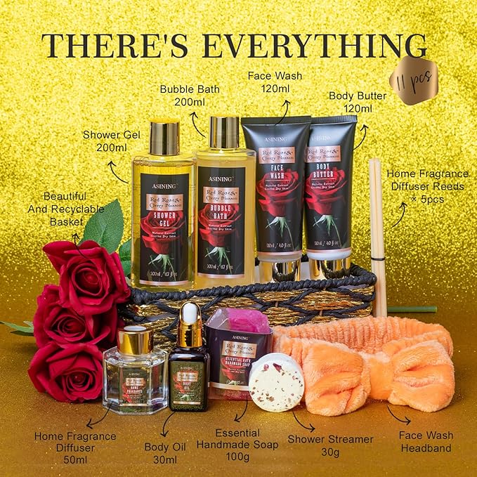 Luxury 14 pcs Cherry Blossom & Rose Bath and Body Basket Gift, Face Skin Care Kit, Home Spa Self Care, Relaxing Care Kit, Birthday, Christmas, Mother, Bridal Shower, Anniversary