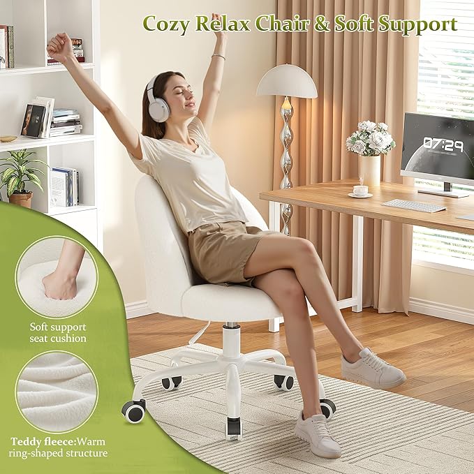 White Vanity Chair with Wheels, Cute Desk Chair with Back, Armless Office Chair Height Adjustable, Soft Lumbar Support for Small Space, Bedroom