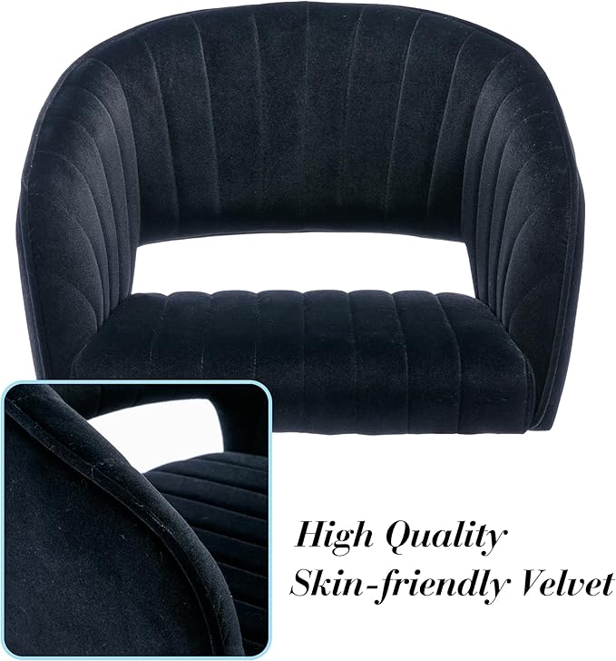 Modern Velvet Vanity Chair, Home Office Desk Chair with Hollow Back, Upholstered Dining Chair with Gold Metal Legs, Comfy Accent Armchair for Living Room Bedroom, Black